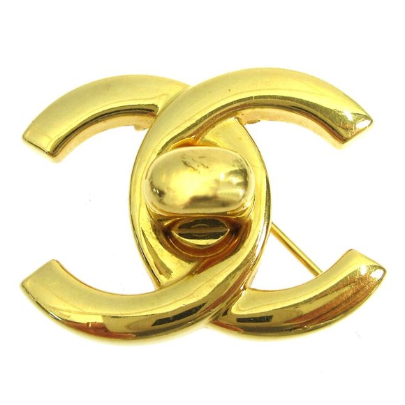 CHANEL CC Logos Turnlock Motif Brooch Pin Corsage Gold - Picture 1 of 8